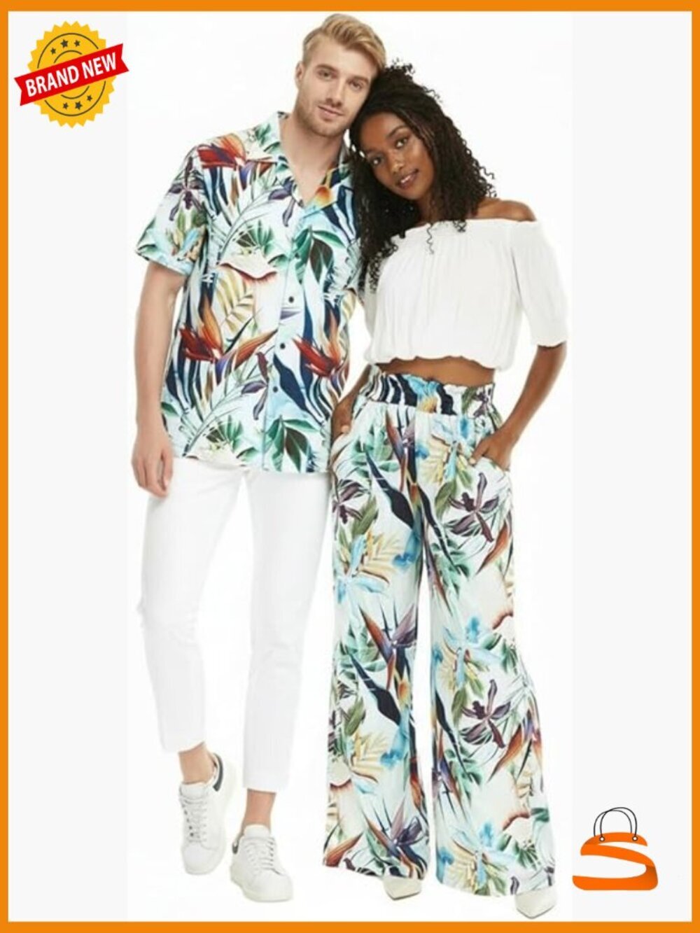 Couple Matching Hawaiian Luau Shirt & Wide Leg Pants Set with Pockets